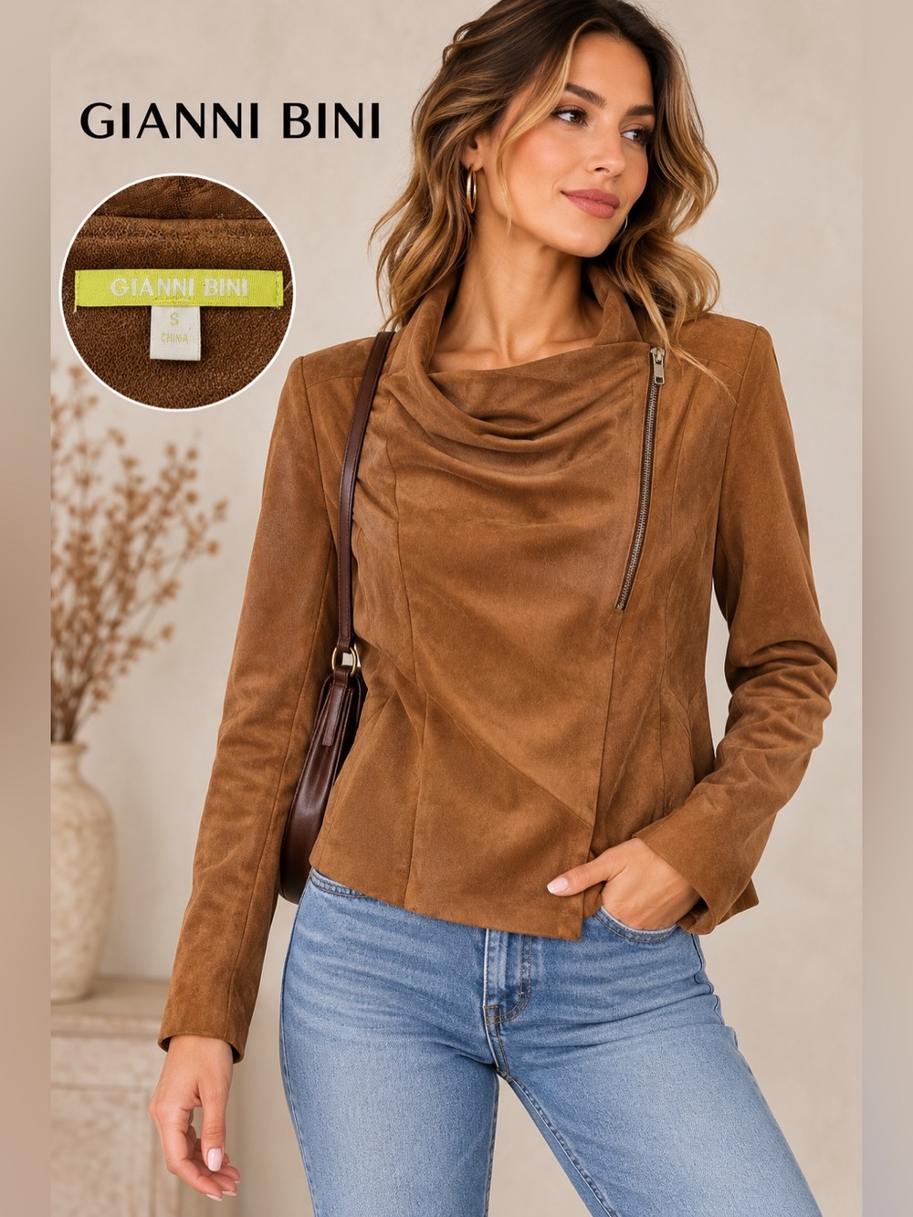Gianni Bini Women's Faux Suede Cowl Neck Moto Jacket Brown Size S